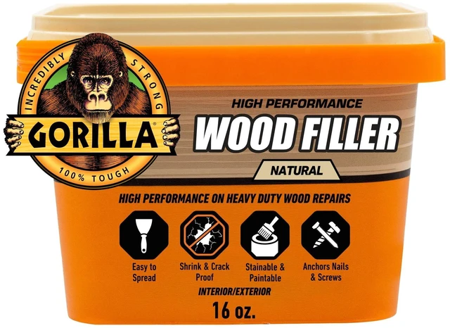 Main image of Gorilla Wood Filler Natural Finish 16 Ounce Tub - Water Resistant for Indoor and Outdoor Projects and Repairs