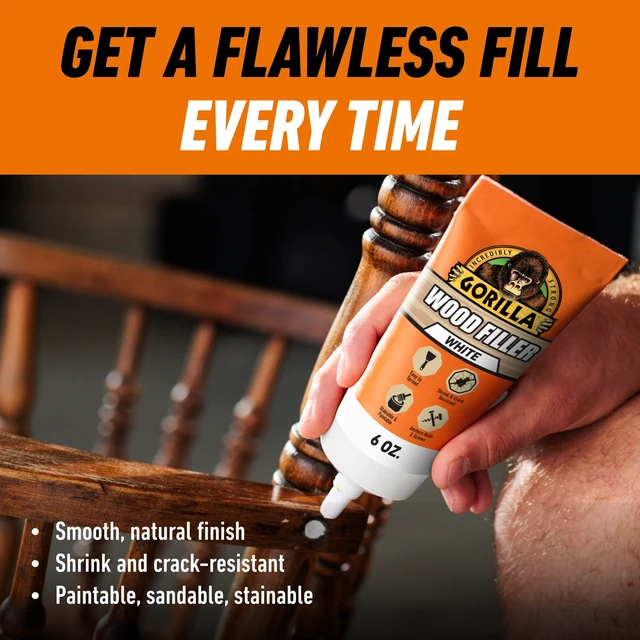 Alt view image 2 of 6 - Gorilla All Purpose Wood Filler, White Wood Filler, 6 Ounce Tube - Water Resistant for Indoor or Outdoor Projects and Repairs