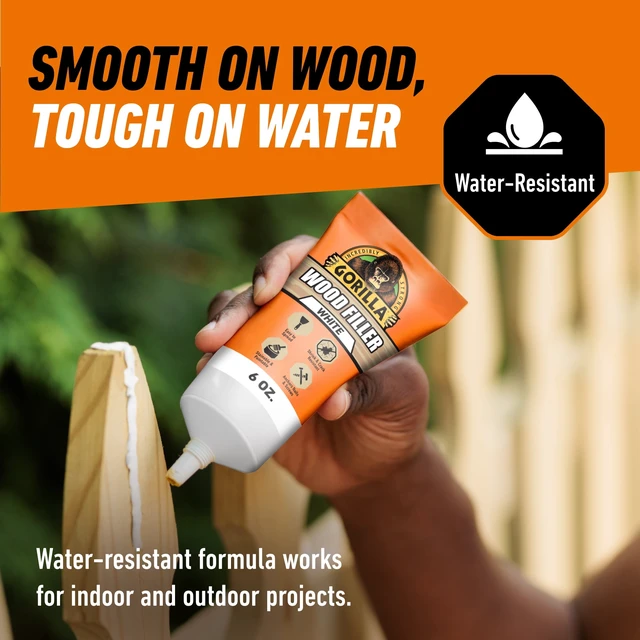 Alt view image 5 of 6 - Gorilla All Purpose Wood Filler, White Wood Filler, 6 Ounce Tube - Water Resistant for Indoor or Outdoor Projects and Repairs