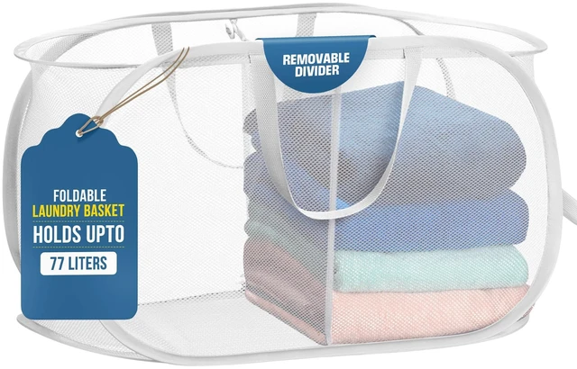 Main image of Handy Laundry Collapsible Laundry Basket, 2-Compartment Mesh Hamper Foldable, Space-Saving, Lightweight & Durable with Handles for Dorm, Travel, Laundry Room, Apartment White