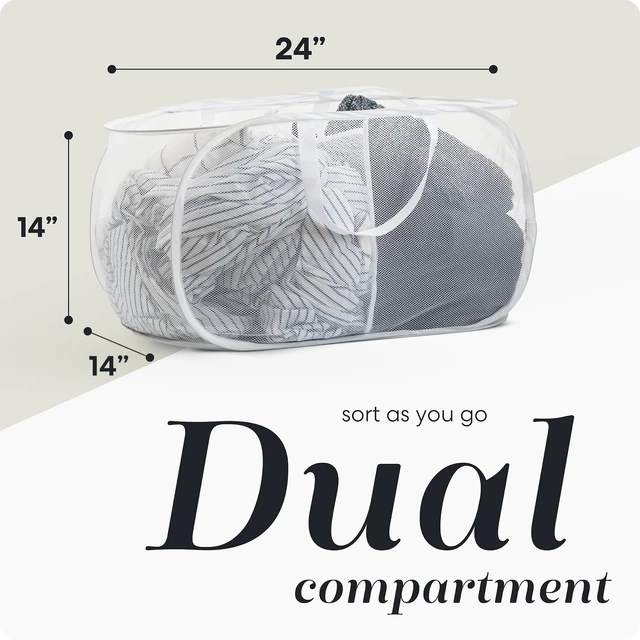 Alt view image 5 of 6 - Handy Laundry Collapsible Laundry Basket, 2-Compartment Mesh Hamper Foldable, Space-Saving, Lightweight & Durable with Handles for Dorm, Travel, Laundry Room, Apartment White