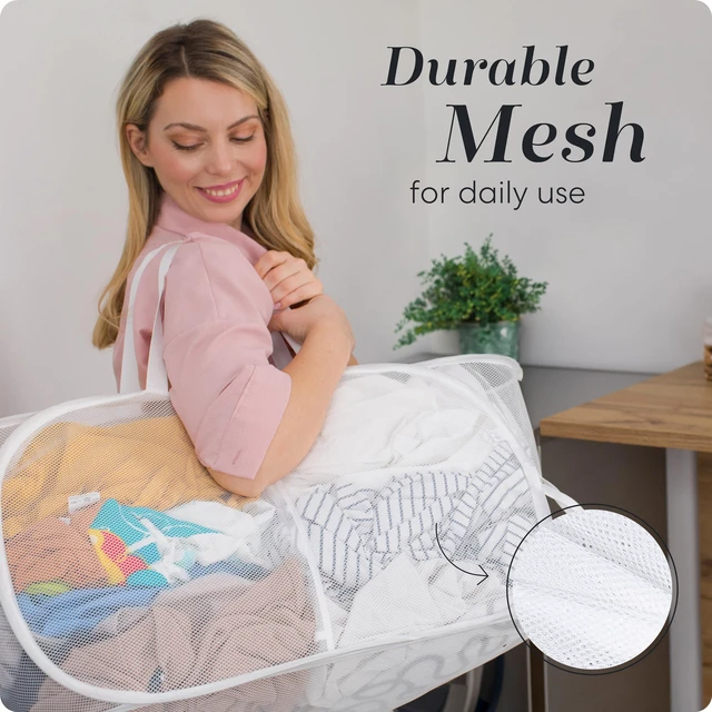 Alt view image 6 of 6 - Handy Laundry Collapsible Laundry Basket, 2-Compartment Mesh Hamper Foldable, Space-Saving, Lightweight & Durable with Handles for Dorm, Travel, Laundry Room, Apartment White