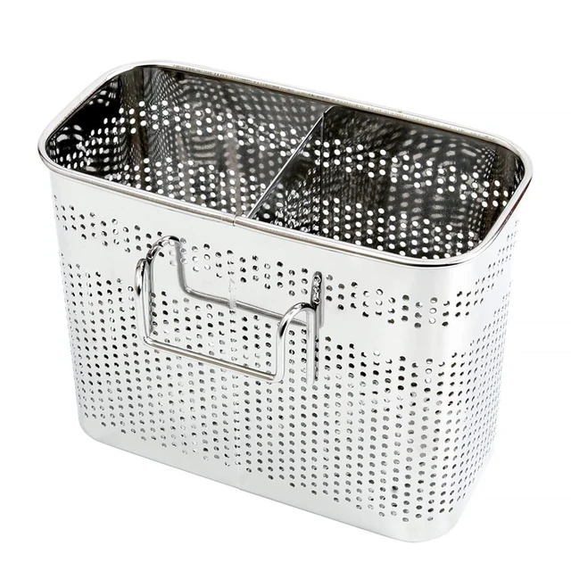 Main image of Kitchen Utensils Chopsticks Holder Drying Rack Basket with Hooks 2 Divided Compartments Quality Stainless Steel Large L5.4 X H4.3 X W2.6