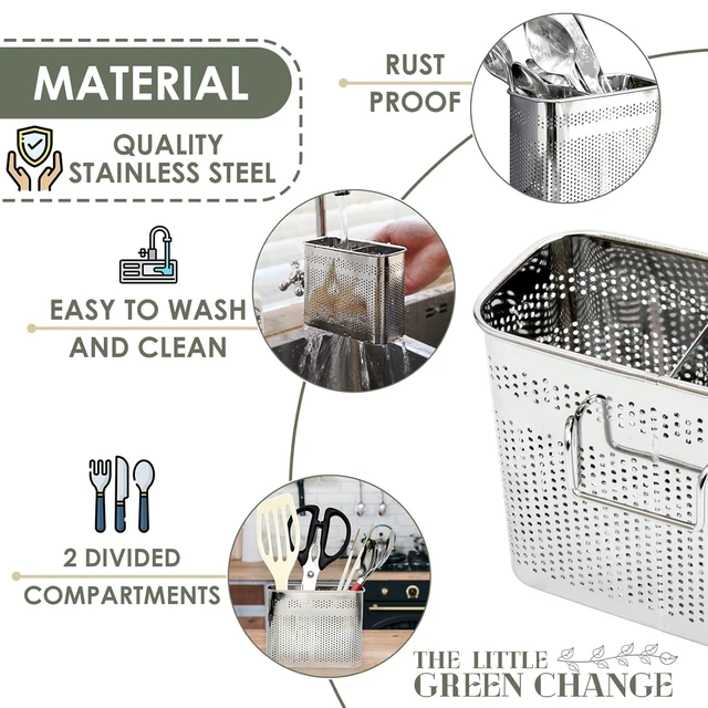 Alt view image 4 of 7 - Kitchen Utensils Chopsticks Holder Drying Rack Basket with Hooks 2 Divided Compartments Quality Stainless Steel Large L5.4 X H4.3 X W2.6