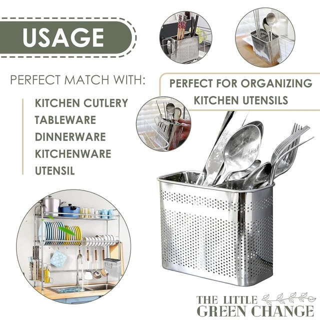 Alt view image 3 of 7 - Kitchen Utensils Chopsticks Holder Drying Rack Basket with Hooks 2 Divided Compartments Quality Stainless Steel Large L5.4 X H4.3 X W2.6