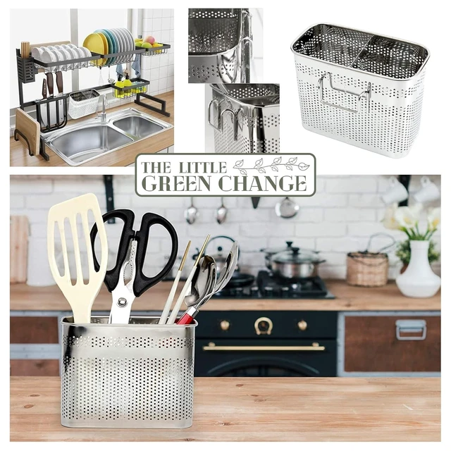 Alt view image 6 of 7 - Kitchen Utensils Chopsticks Holder Drying Rack Basket with Hooks 2 Divided Compartments Quality Stainless Steel Large L5.4 X H4.3 X W2.6