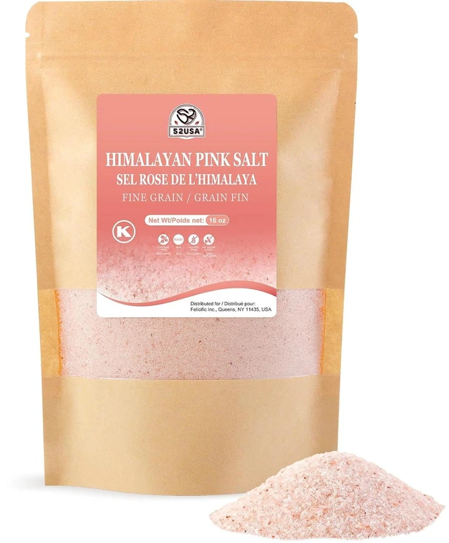 Main image of 52USA Himalayan Pink Salt Fine Grain, 1 lb Resealable Bag, Pure Pink Table Salt, Natural Mineral Salt, Kosher, No Artificial Colors, No Additives, No Gluten, for Cooking, Baking, Seasoning & Daily Use