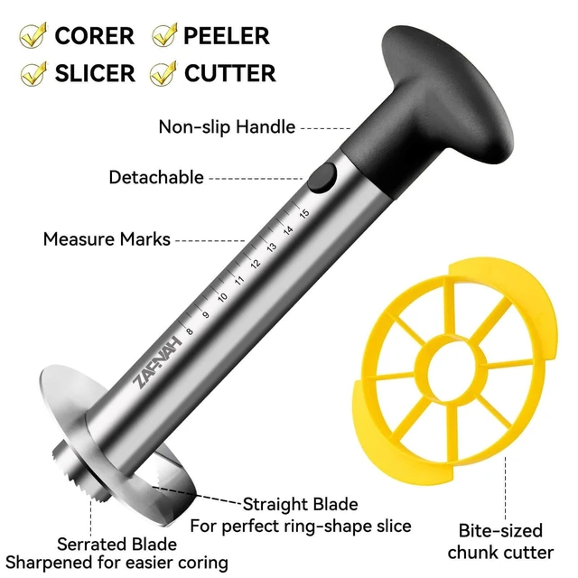 Alt view image 5 of 6 - Pineapple Corer and Slicer Tool, Pineapple Cutter and Corer, Stainless Steel Pineapple Peeler, Easy Pineapple core remover decorer, Eye Removal Tool, Pelador De Piña (Black with Measure marks)