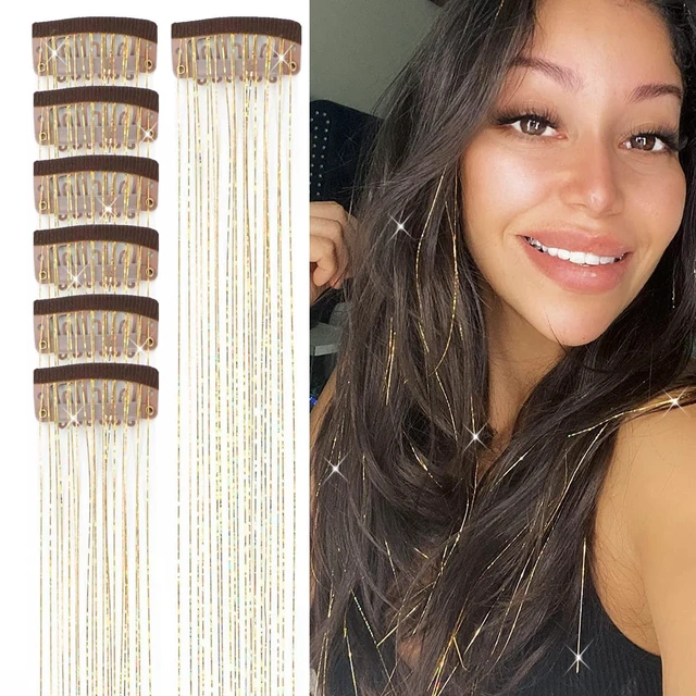 Main image of Clip in Hair Tinsel Kit 23.6Inch Gold Hair Tinsel Heat Resistant Fairy Hair Tinsel Clip in Glitter Hair Extensions, Sparkle Festival Hair Accessories for Women Girls (Gold)