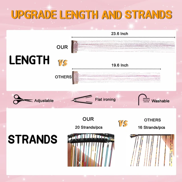 Alt view image 4 of 7 - Clip in Hair Tinsel Kit 23.6Inch Gold Hair Tinsel Heat Resistant Fairy Hair Tinsel Clip in Glitter Hair Extensions, Sparkle Festival Hair Accessories for Women Girls (Gold)