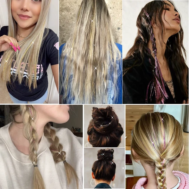 Alt view image 7 of 7 - Clip in Hair Tinsel Kit 23.6Inch Gold Hair Tinsel Heat Resistant Fairy Hair Tinsel Clip in Glitter Hair Extensions, Sparkle Festival Hair Accessories for Women Girls (Gold)