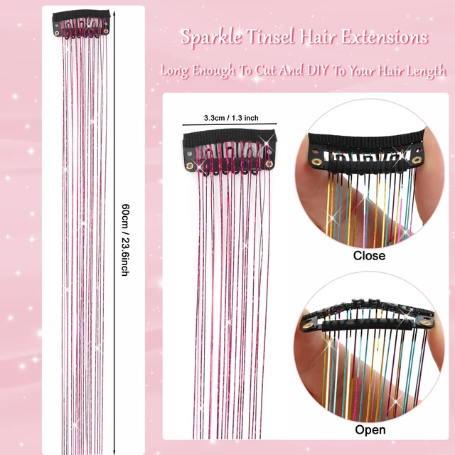 Alt view image 5 of 7 - Clip in Hair Tinsel Kit 23.6Inch Gold Hair Tinsel Heat Resistant Fairy Hair Tinsel Clip in Glitter Hair Extensions, Sparkle Festival Hair Accessories for Women Girls (Gold)