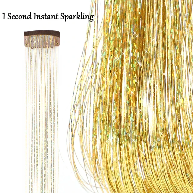 Alt view image 2 of 7 - Clip in Hair Tinsel Kit 23.6Inch Gold Hair Tinsel Heat Resistant Fairy Hair Tinsel Clip in Glitter Hair Extensions, Sparkle Festival Hair Accessories for Women Girls (Gold)