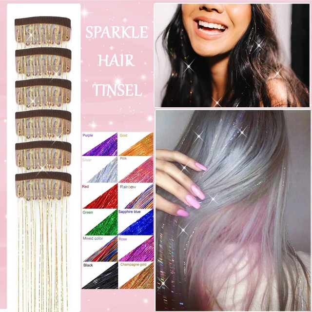 Alt view image 3 of 7 - Clip in Hair Tinsel Kit 23.6Inch Gold Hair Tinsel Heat Resistant Fairy Hair Tinsel Clip in Glitter Hair Extensions, Sparkle Festival Hair Accessories for Women Girls (Gold)