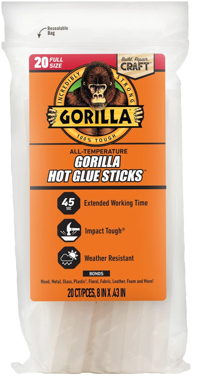 Main image of Gorilla Glue Clear Hot Glue Sticks, 8" x .43", 20-Count, Full Size