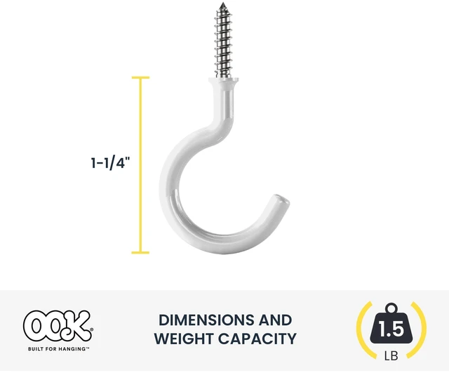 Alt view image 6 of 6 - Ook Cup Hooks, 1-1/4", 1 lbs, Screw Hooks, Steel, White Vinyl, 40 pack