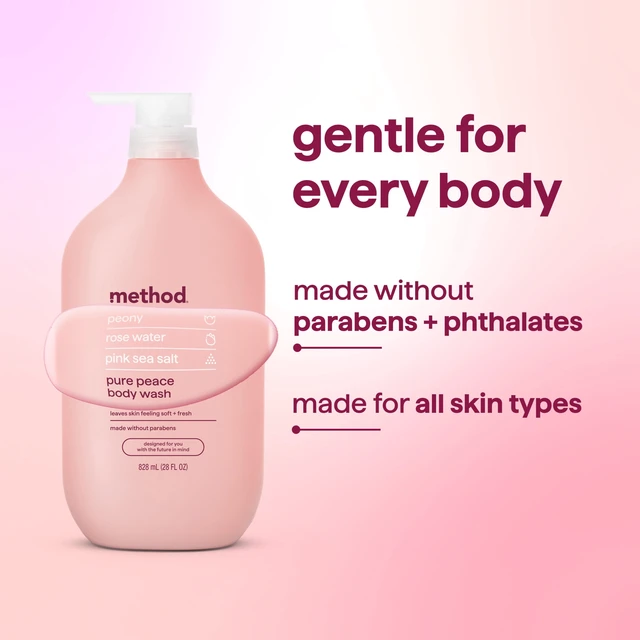 Alt view image 4 of 6 - method Body Wash, Pure Peace - Leaves Skin Feeling Soft & Moisturized, Made Without Parabens, Notes of Peony, Rose Water & Pink Sea Salt, 28 Fl Oz