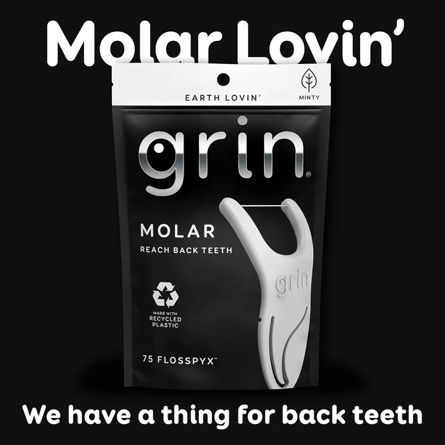 Alt view image 6 of 6 - GRIN Molar Flosspyx, Floss Picks, 75 Count, Dental Flossers, Minty Flavor, Recycled Plastic, Great for Reaching Back Teeth, Slide Easily Between Teeth, Includes Safe Soft Fold-Back Tooth Pick