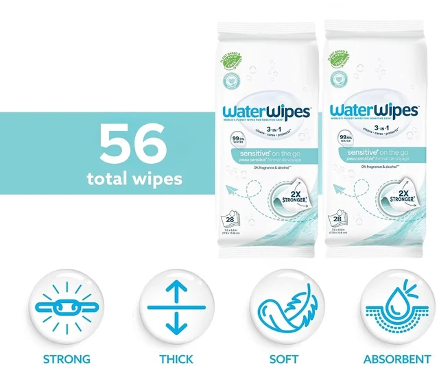 Alt view image 3 of 6 - WaterWipes Sensitive+ On The Go Wipes, 3-In-1 Cleans, Cares, Protects, 99.9% Water, Unscented & Hypoallergenic Wet Wipes, 28 Count (Pack of 2)