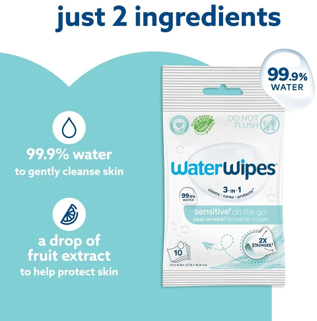 Alt view image 5 of 6 - WaterWipes Sensitive+ On The Go Wipes, 3-In-1 Cleans, Cares, Protects, 99.9% Water, Unscented & Hypoallergenic Wet Wipes, 28 Count (Pack of 2)