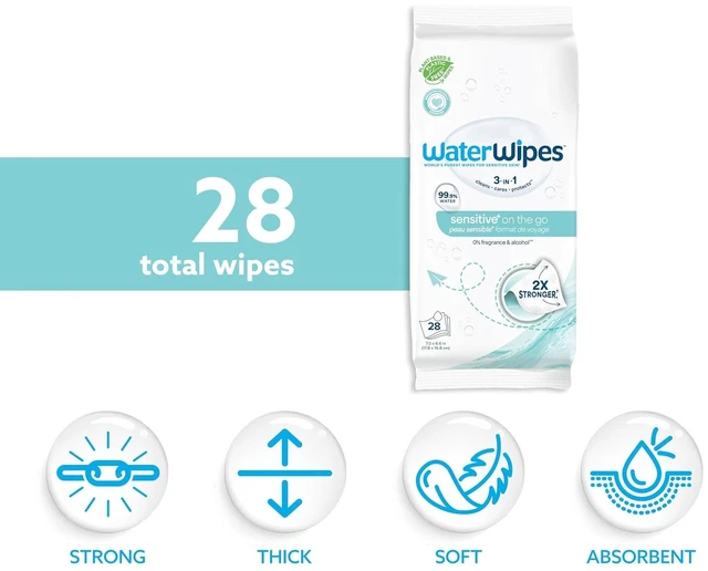 Alt view image 6 of 6 - WaterWipes Sensitive+ On The Go Wipes, 3-In-1 Cleans, Cares, Protects, 99.9% Water, Unscented & Hypoallergenic Wet Wipes, 28 Count (Pack of 2)