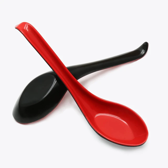 Alt view image 6 of 7 - 2PCS Asian Soup Spoons, Red and Black Melamine