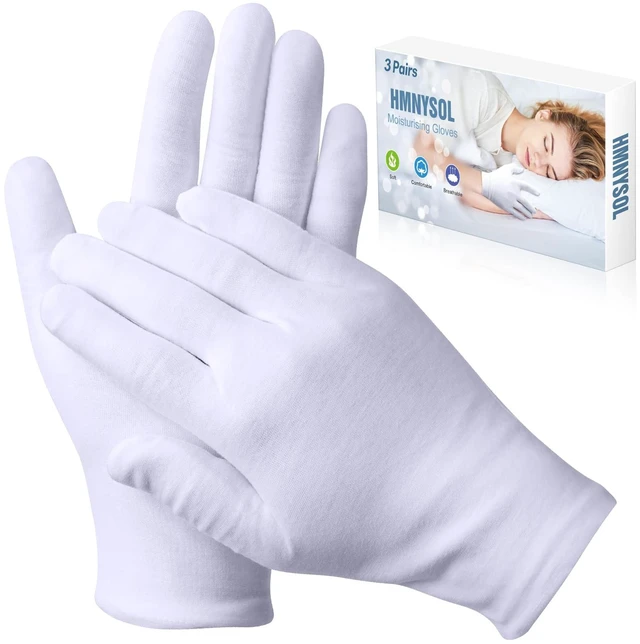 Main image of 3 Pairs Cotton Gloves for Dry Hands Sleeping, Moisturizing Gloves for Men and Women, Stretchable White Cotton Gloves Eczema for Service Driving Coin Jewelry Handling