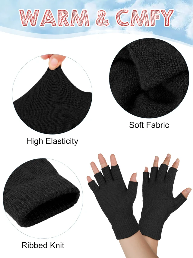 Alt view image 7 of 7 - 2 Pairs Fingerless Gloves for Women Men, Warm Winter Half Finger Gloves
