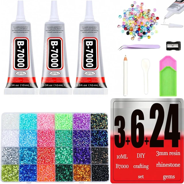 Main image of B-7000 Jewelry Glue (3pack10ml) + Bedazzling Kit (24pack 3mmcolor) B7000 Glue Clear With Precision Tip For Rhinestones, Repair, Crystals Shoes, Jeans, Phone, Wood, Glass, Charms,Nail Art,Gem,Fabric