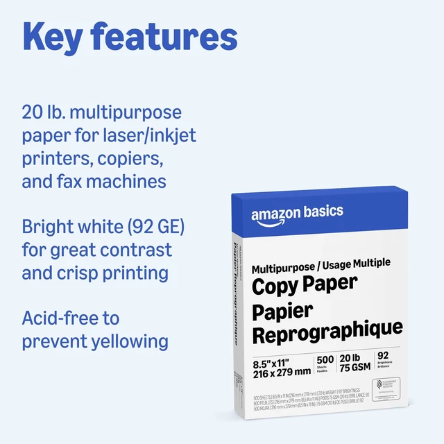 Alt view image 4 of 6 - Amazon Basics Multipurpose Copy Printer Paper, 8.5 x 11 Inches, 20 lb, 92 Bright, White, 1 Ream (500 Sheets), Jam-Free