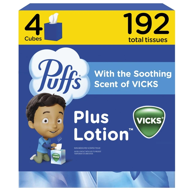 Main image of Puffs Plus Lotion with Vicks Facial Tissues, 4 Cubes, 48 Tissues per Box (192 Tissues)