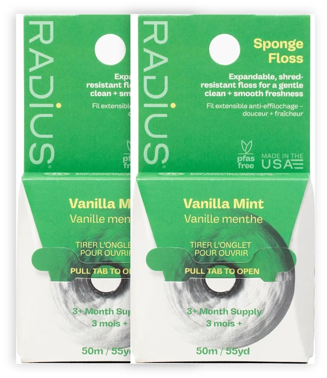 Main image of RADIUS Vegan Sponge Floss, Soft Expanding Dental Floss for Sensitive Gums and Tight Teeth, PFAS Free, Vegan, Plastic Free Packaging, 50m / 55 yd, Vanilla Mint, Pack of 2