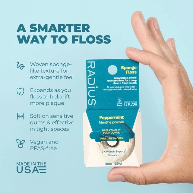 Alt view image 2 of 5 - RADIUS Vegan Sponge Floss, Soft Expanding Dental Floss for Sensitive Gums and Tight Teeth, PFAS Free, Vegan, Plastic Free Packaging, 50m / 55 yd, Vanilla Mint, Pack of 2