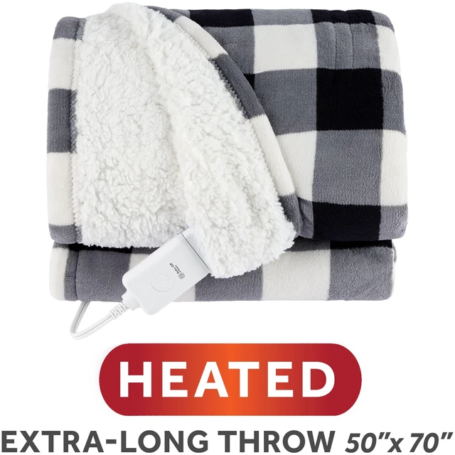 Main image of Sunbeam Heated Electric Microplush Faux Shearling Throw Blanket, Black Buffalo Plaid, 4 Heat Settings, 50 x 70 in