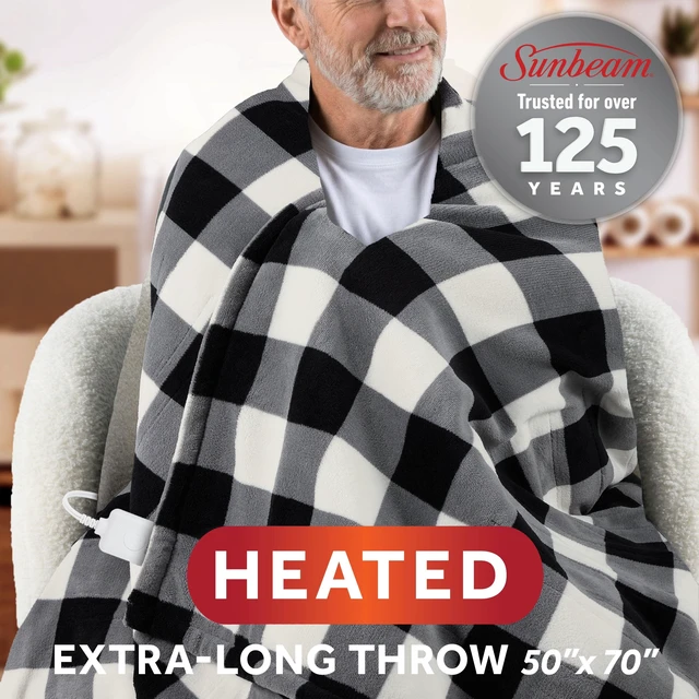Alt view image 4 of 5 - Sunbeam Heated Electric Microplush Faux Shearling Throw Blanket, Black Buffalo Plaid, 4 Heat Settings, 50 x 70 in