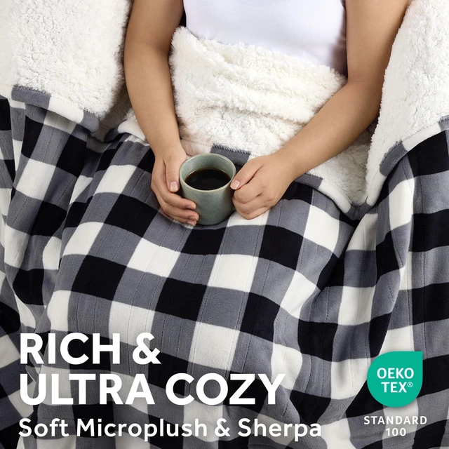 Alt view image 2 of 5 - Sunbeam Heated Electric Microplush Faux Shearling Throw Blanket, Black Buffalo Plaid, 4 Heat Settings, 50 x 70 in