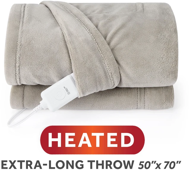Main image of Sunbeam Heated Electric Microplush Throw Blanket, Light Gray, 4 Heat Settings, 50 x 70 in