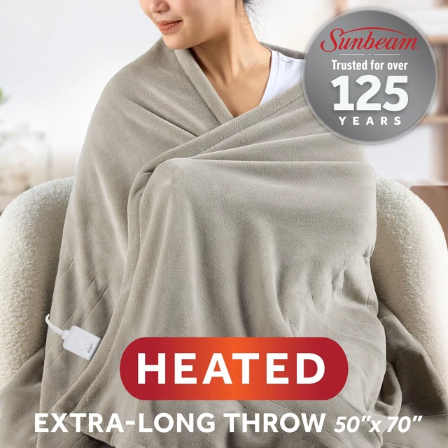 Alt view image 5 of 5 - Sunbeam Heated Electric Microplush Throw Blanket, Light Gray, 4 Heat Settings, 50 x 70 in