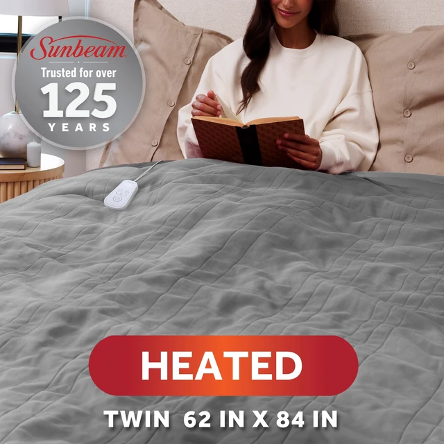 Alt view image 3 of 5 - Sunbeam Heated Electric Brushed Fleece Bed Blanket, Gray, Twin Size, 12 Heat Settings, 62 x 84 in