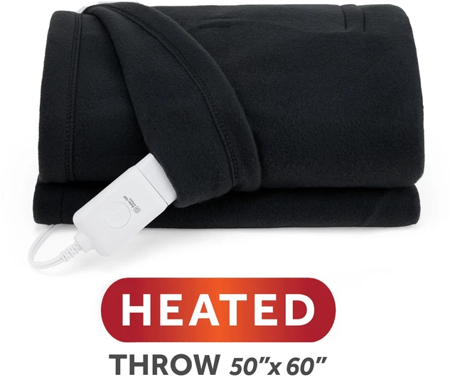 Main image of Sunbeam Heated Electric Brushed Fleece Throw Blanket, Black, 4 Heat Settings, 50 x 60 in