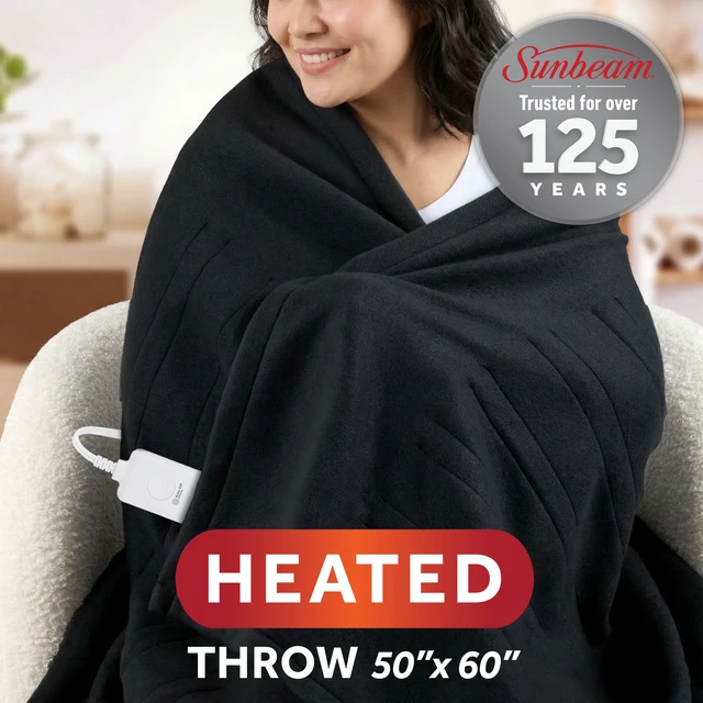 Alt view image 3 of 5 - Sunbeam Heated Electric Brushed Fleece Throw Blanket, Black, 4 Heat Settings, 50 x 60 in