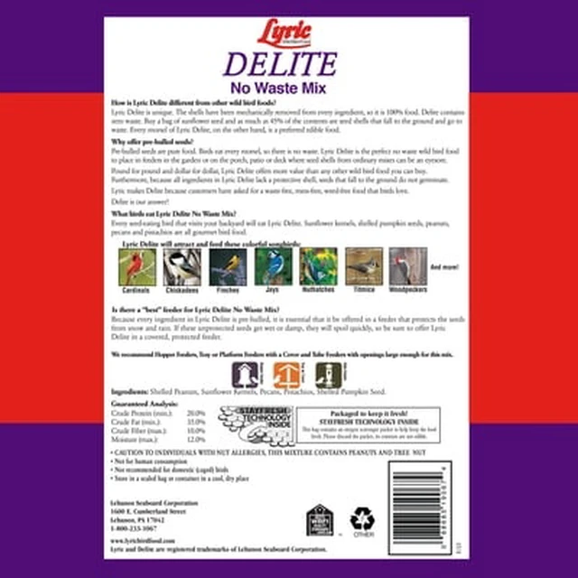 Alt view image 5 of 6 - Lyric Delite Wild Bird Seed, No Waste Bird Food Mix with Shell-Free Nuts & Seeds 5 lb Bag
