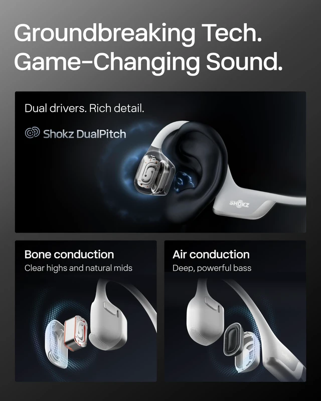 Alt view image 5 of 7 - OpenRun Pro 2 Bone Conduction Bluetooth Sport Headphones, Silver Bundle with Reflective StripDualPitch premium soundOpen ear awareness; Smart Mic; IP55; 12H battery; Running/Cycling/Hiking