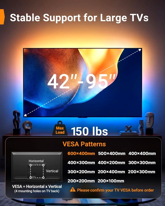 Alt view image 2 of 7 - Full Motion TV Wall Mount with LED & Power Strip for 4295" TVs Holds 150 lbs, Wall Mount TV Bracket with Tool-Free Tilt, Swivel, Extension, Fits 12"/16"/24" Wood Studs, Max VESA 600x400mm