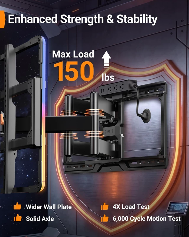 Alt view image 6 of 7 - Full Motion TV Wall Mount with LED & Power Strip for 4295" TVs Holds 150 lbs, Wall Mount TV Bracket with Tool-Free Tilt, Swivel, Extension, Fits 12"/16"/24" Wood Studs, Max VESA 600x400mm