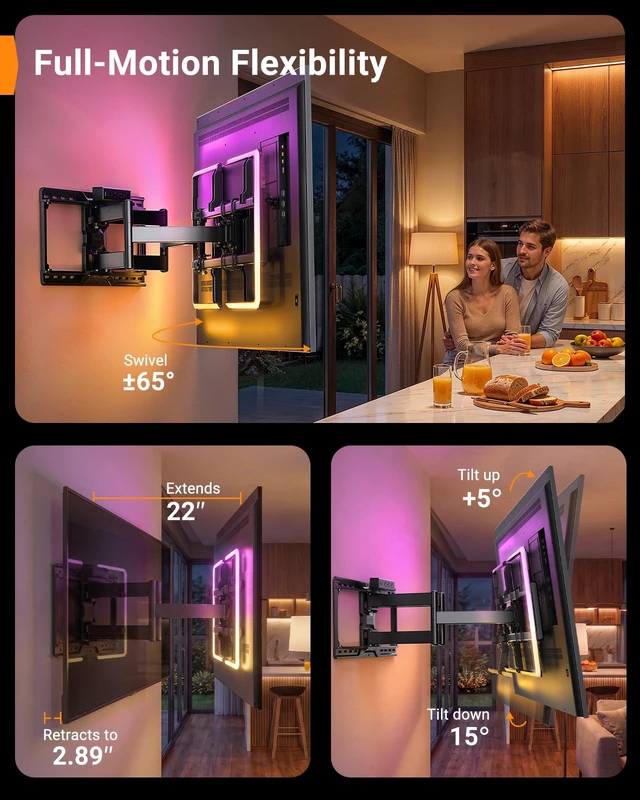 Alt view image 7 of 7 - Full Motion TV Wall Mount with LED & Power Strip for 4295" TVs Holds 150 lbs, Wall Mount TV Bracket with Tool-Free Tilt, Swivel, Extension, Fits 12"/16"/24" Wood Studs, Max VESA 600x400mm