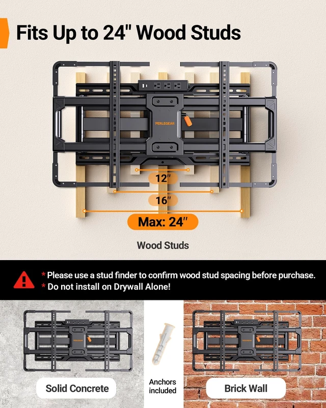 Alt view image 3 of 7 - Full Motion TV Wall Mount with LED & Power Strip for 4295" TVs Holds 150 lbs, Wall Mount TV Bracket with Tool-Free Tilt, Swivel, Extension, Fits 12"/16"/24" Wood Studs, Max VESA 600x400mm