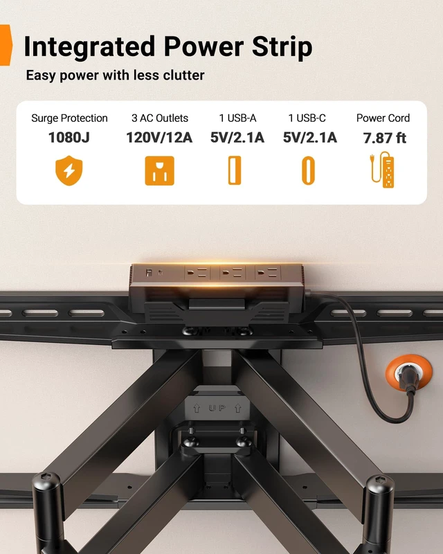 Alt view image 5 of 7 - Full Motion TV Wall Mount with LED & Power Strip for 4295" TVs Holds 150 lbs, Wall Mount TV Bracket with Tool-Free Tilt, Swivel, Extension, Fits 12"/16"/24" Wood Studs, Max VESA 600x400mm