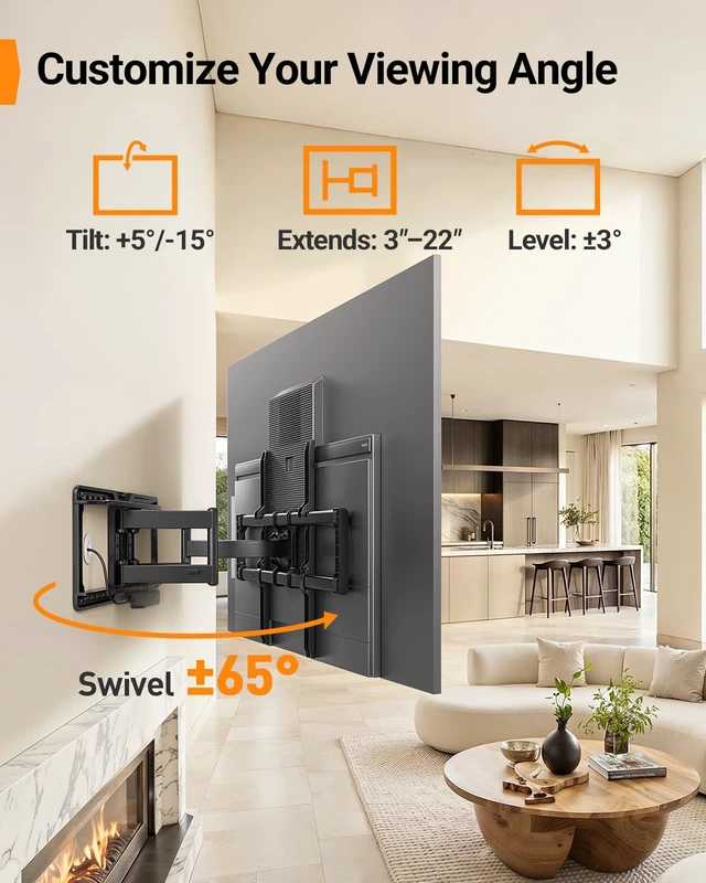 Alt view image 6 of 7 - Full Motion TV Wall Mount with Power Strip for 60120 Inch TVs Heavy Duty TV Mount Wall Bracket, Holds 255 lbs, Tilt, Swivel, Extension, Fits 16/24/32 Wood Studs, Max VESA 900 x 600mm