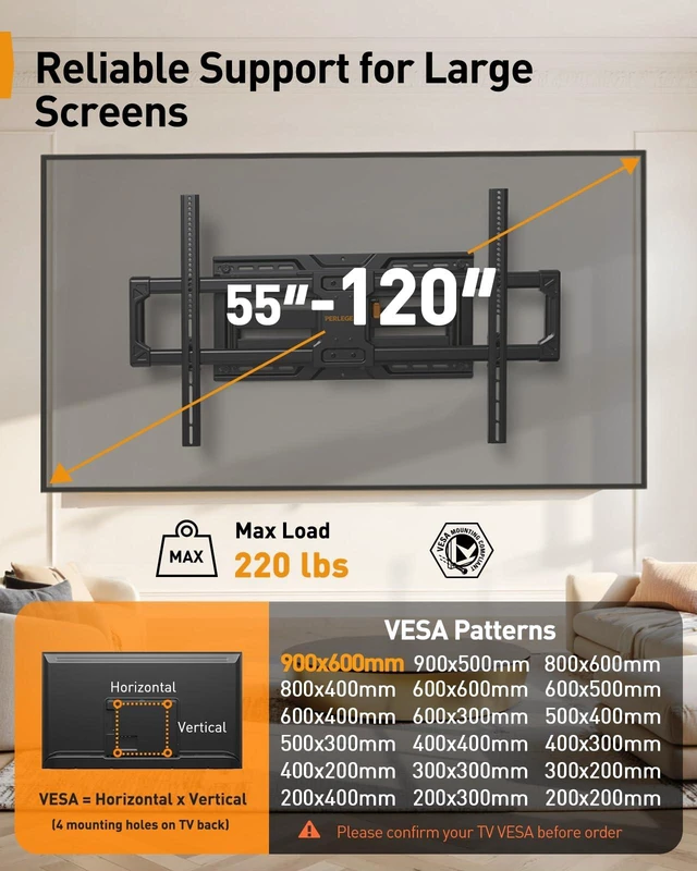 Alt view image 2 of 7 - Large Full Motion TV Wall Mount for 55120 inch TVs up to 220 lbs 20% thicker heavy-duty steel, pre-assembled tv mount, tool-free tilt, swivel, extend, fits 16"/24" studs, max VESA 900x600mm